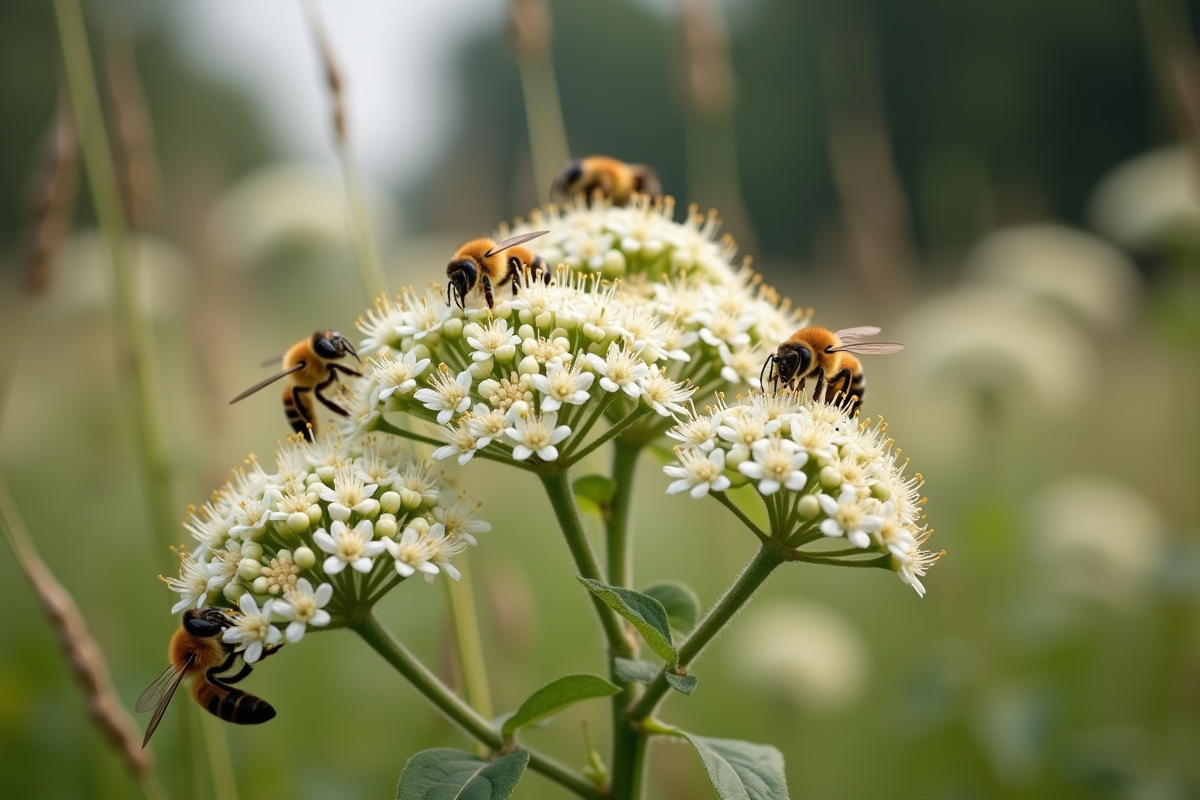 Gros plan sur des abeilles butinant des fleurs de sureau