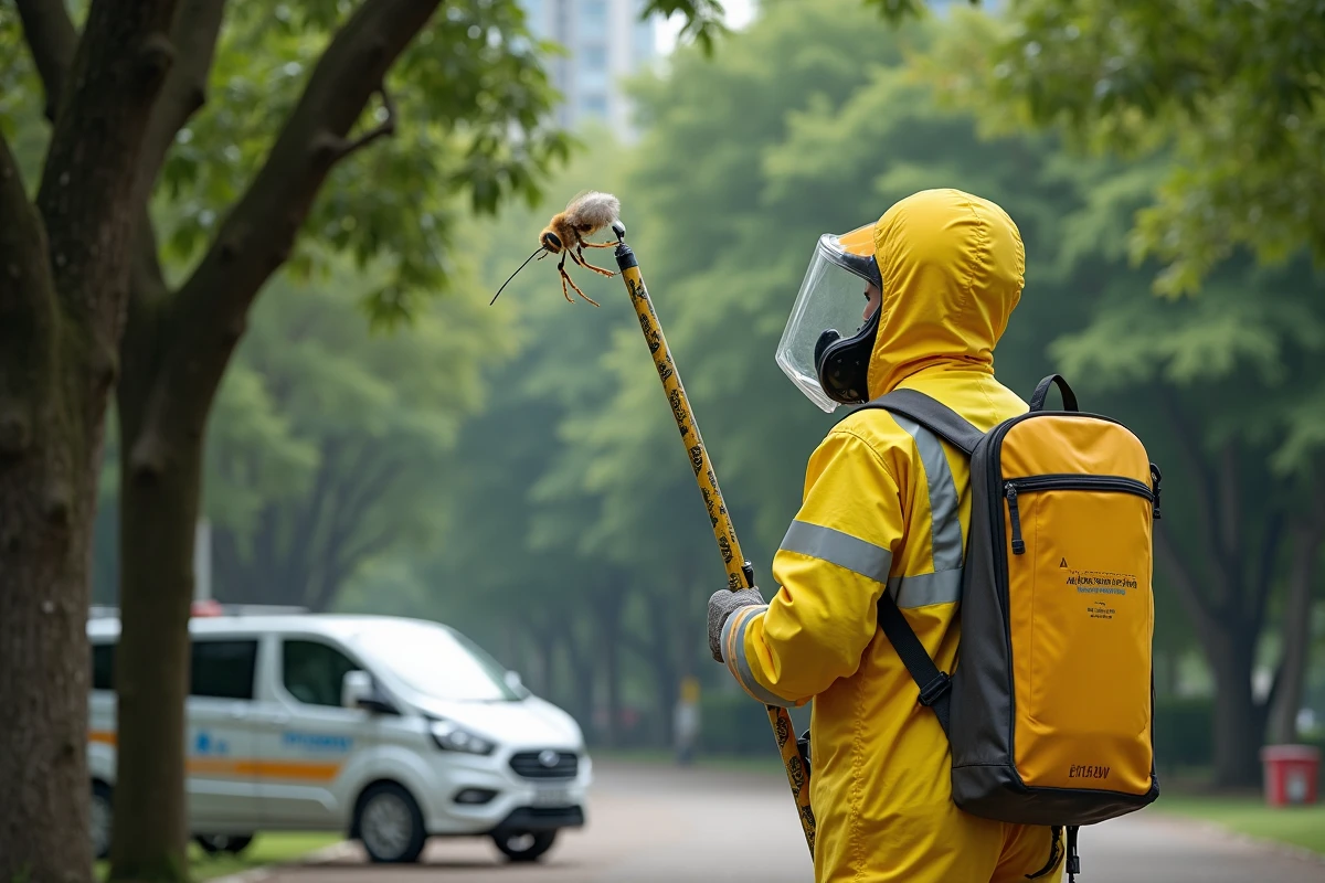 Agente municipale en tenue de protection procédant au retrait d'un nid de frelon asiatique en hauteur dans un parc urbain