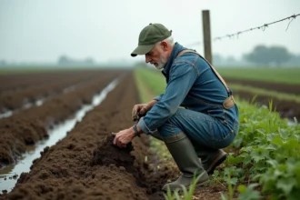 Agriculteur examinant un champ traité au glyphosate après application herbicide