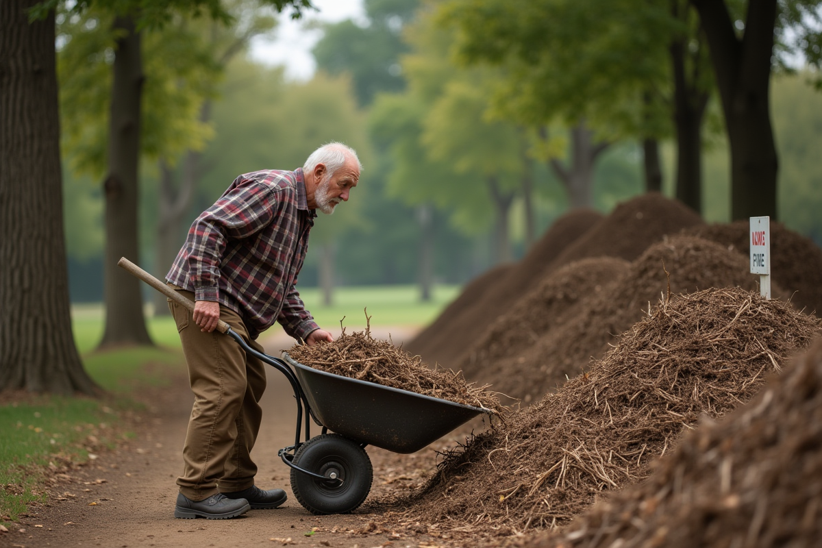 Agriculteur âgé manipulant du compost de branches dans un parc