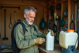 Agriculteur lisant les instructions de dosage du glyphosate 360 sur l'étiquette d'un bidon herbicide dans un hangar agricole