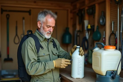 Agriculteur lisant les instructions de dosage du glyphosate 360 sur l'étiquette d'un bidon herbicide dans un hangar agricole