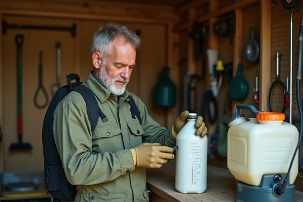 Agriculteur lisant les instructions de dosage du glyphosate 360 sur l'étiquette d'un bidon herbicide dans un hangar agricole
