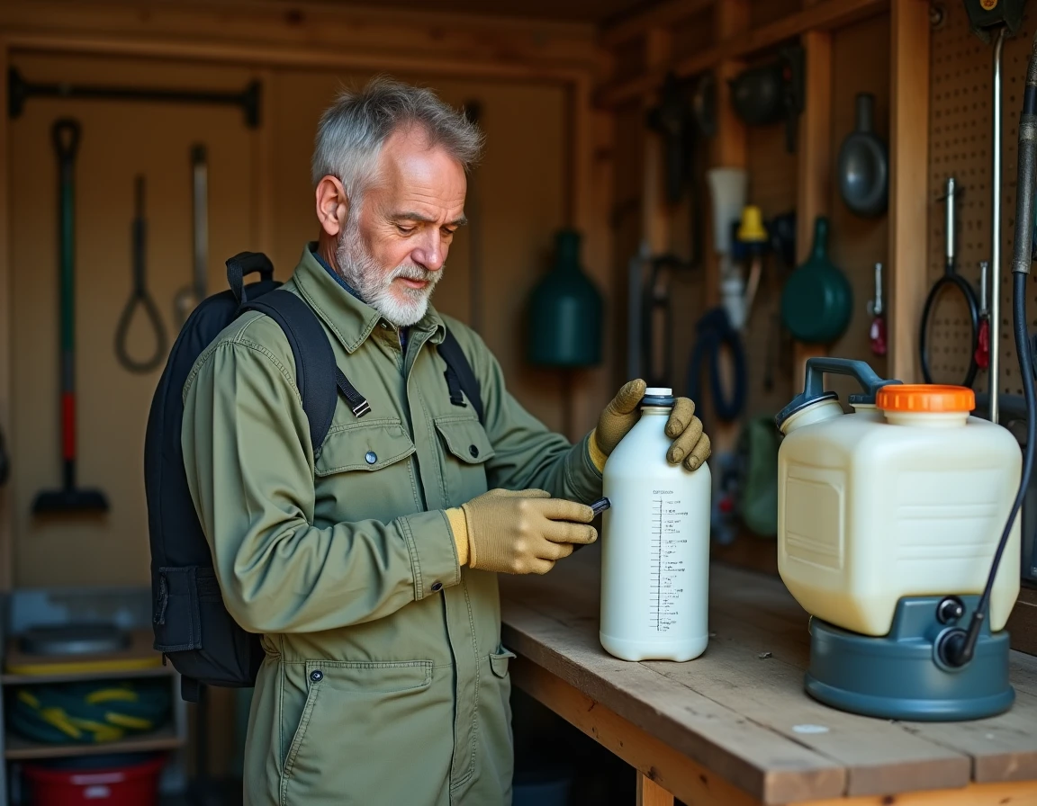 Agriculteur lisant les instructions de dosage du glyphosate 360 sur l'étiquette d'un bidon herbicide dans un hangar agricole
