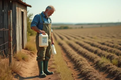 Agriculteur espagnol tenant un bidon de glyphosate 5 litres au bord d'un champ cultivé en Castille