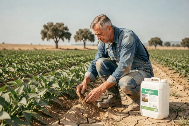 Agriculteur portugais examinant ses cultures et un herbicide à base de glyphosate dans un champ de l'Alentejo