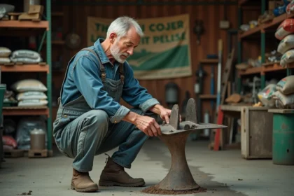 Agriculteur examinant du matériel agricole dans un magasin spécialisé Agriculture SHOP