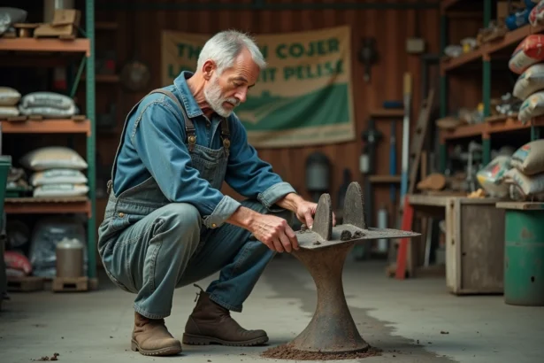 Agriculteur examinant du matériel agricole dans un magasin spécialisé Agriculture SHOP
