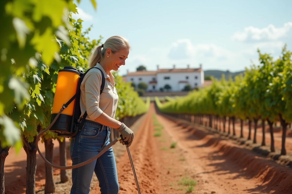 Viticultrice appliquant un herbicide au glyphosate dans un vignoble espagnol avec pulvérisateur à dos