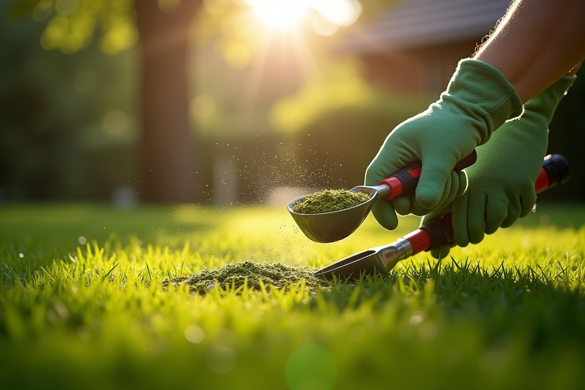 Mains appliquant granules écologiques contre la mousse sur une pelouse ombragée