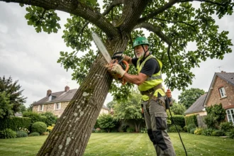 Arboriste professionnel en train d'élaguer un grand chêne en hauteur avec une tronçonneuse dans un jardin résidentiel