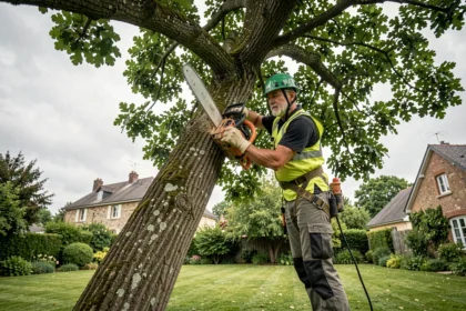 Arboriste professionnel en train d'élaguer un grand chêne en hauteur avec une tronçonneuse dans un jardin résidentiel