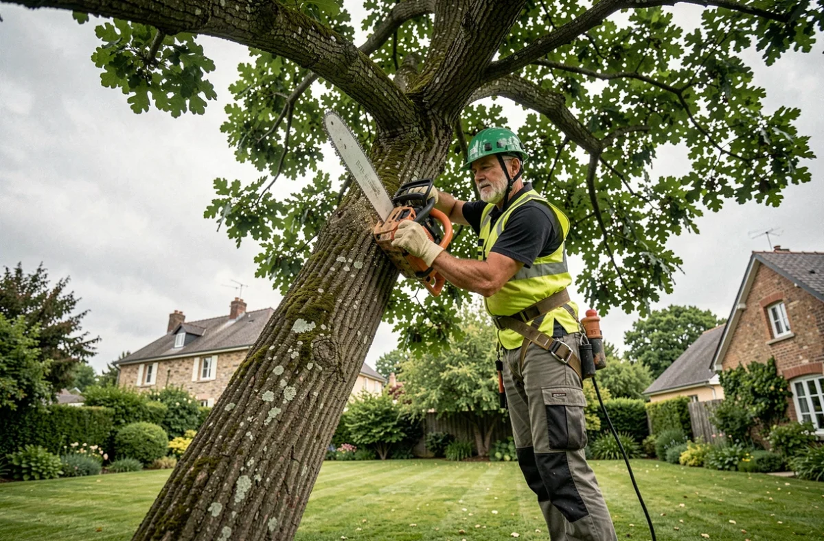 Arboriste professionnel en train d'élaguer un grand chêne en hauteur avec une tronçonneuse dans un jardin résidentiel