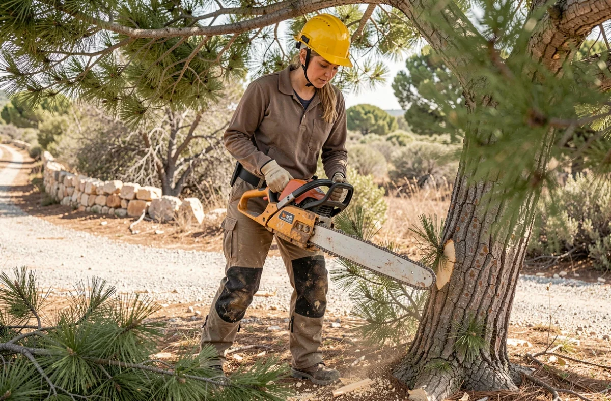 Arboriste femme utilisant une tronçonneuse pour élaguer un pin maritime dans le Var