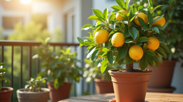 Arbre citron en pot sur balcon ensoleille avec feuilles vertes