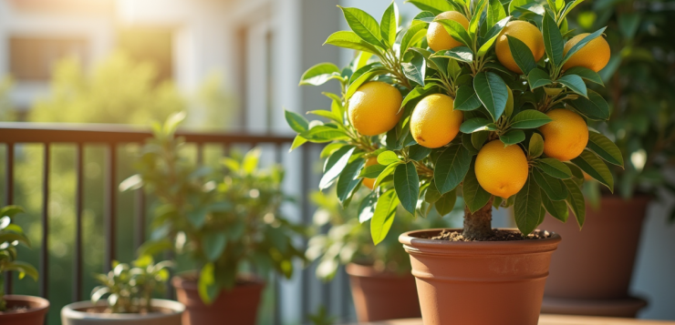 Arbre citron en pot sur balcon ensoleille avec feuilles vertes