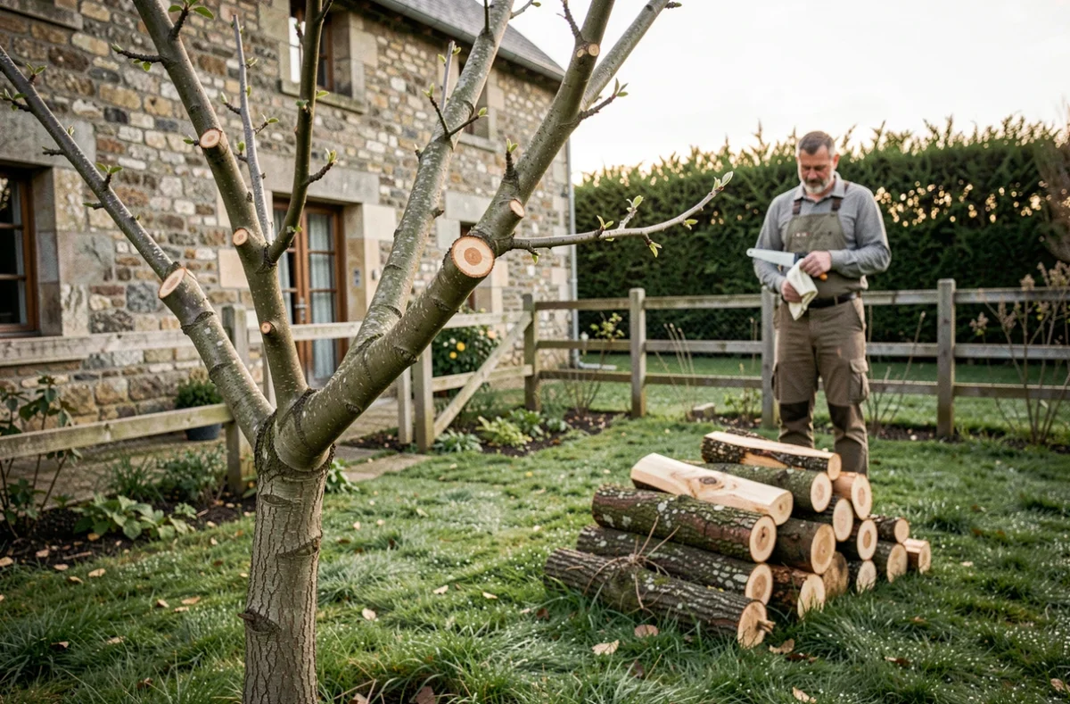 Arbre fruitier fraîchement élaguépar De Champsavin dans un jardin de maison de campagne avec bois coupé empilé