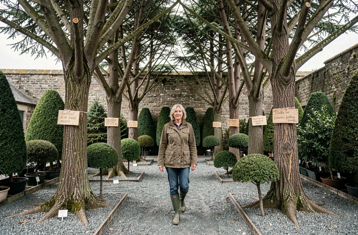 Femme se promenant entre de grands sujets ornementaux et des topiaires dans la pépinière spécialisée L'Arbre d'Ornement