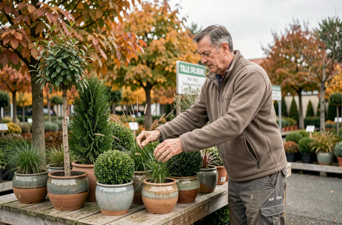 Homme arrangeant des arbustes ornementaux et des graminées en pot dans la pépinière d'ornement Arbres Et Fleurs près de Lille