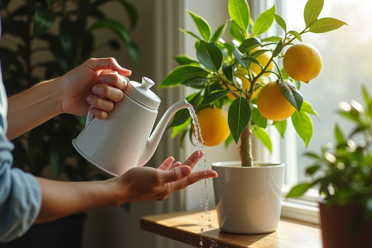 Mains arrosant doucement un arbre citron en pot intérieur