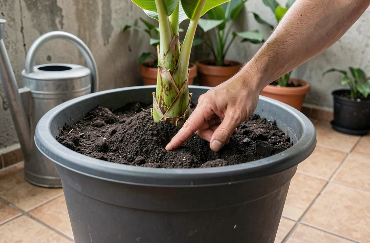 Une main vérifiant l'humidité du terreau d'un bananier en pot avant d'arroser, illustrant l'erreur d'arroser à fréquence fixe sans contrôler l'état du substrat.