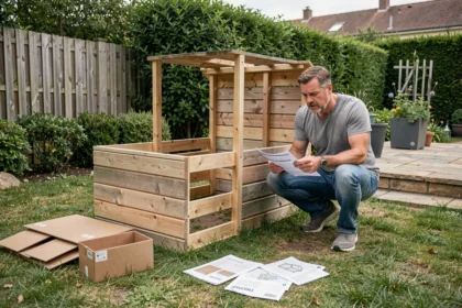 Homme assemblant un cabanon de jardin vendu en kit avec notice et cartons éparpillés dans un jardin résidentiel