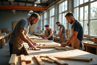 Artisans assemblant des meubles d'extérieur dans une usine moderne