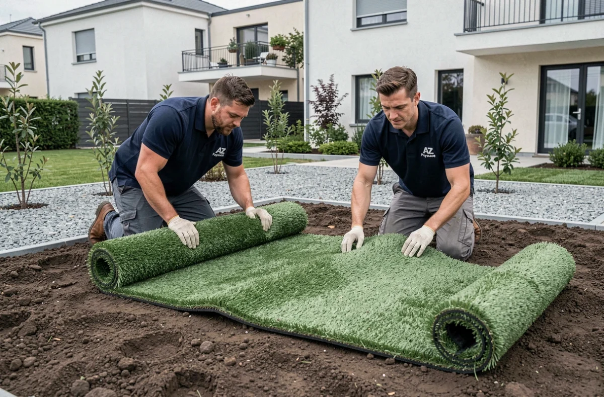 Deux paysagistes d'AZ Paysage posant des rouleaux de gazon dans un jardin résidentiel nouvellement aménagé en Seine-Saint-Denis