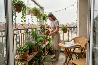 Femme entretenant un petit balcon transformé en oasis végétale avec des plantes en pots, des étagères en bois et un mobilier en rotin