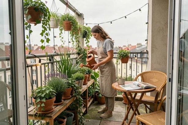 Femme entretenant un petit balcon transformé en oasis végétale avec des plantes en pots, des étagères en bois et un mobilier en rotin