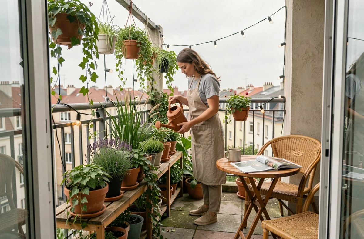 Femme entretenant un petit balcon transformé en oasis végétale avec des plantes en pots, des étagères en bois et un mobilier en rotin