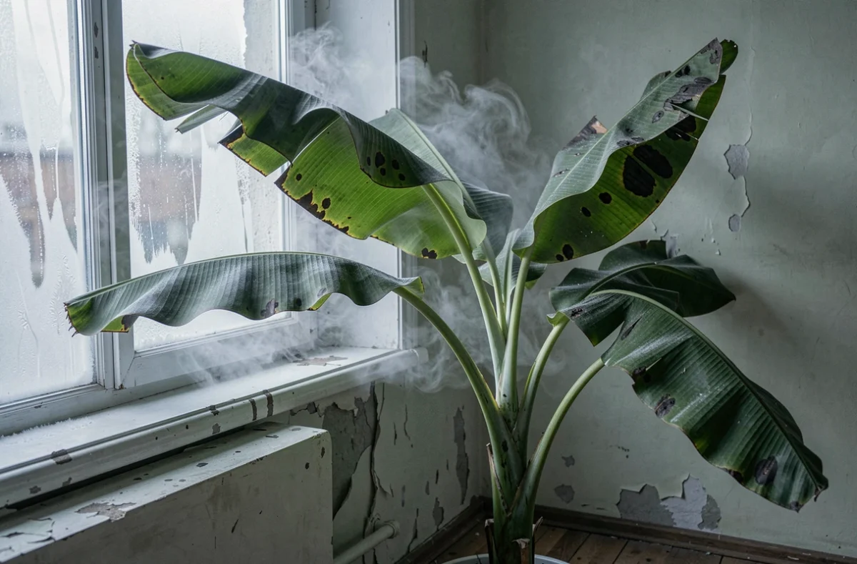 Un bananier dont les feuilles se courbent sous l'effet d'un courant d'air froid près d'une fenêtre mal isolée, illustrant les dégâts causés par une mauvaise exposition hivernale.
