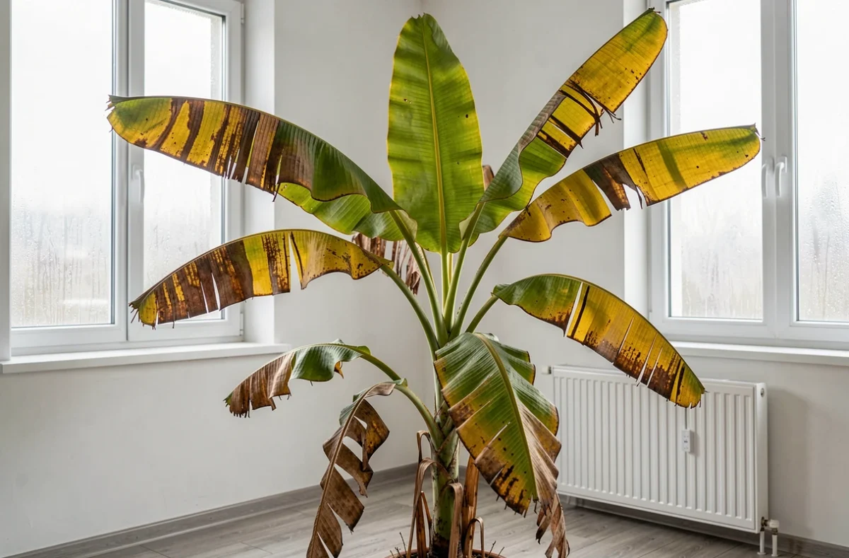 Un bananier d'intérieur avec des feuilles jaunissantes et des bords bruns secs en hiver dans une pièce chauffée et sèche, illustrant les effets du manque d'humidité ambiante.