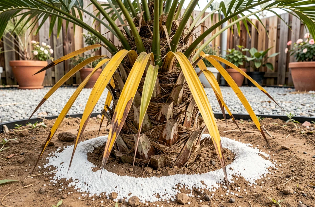 Gros plan sur la base d'un palmier jaune avec engrais au sol dans un jardin domestique