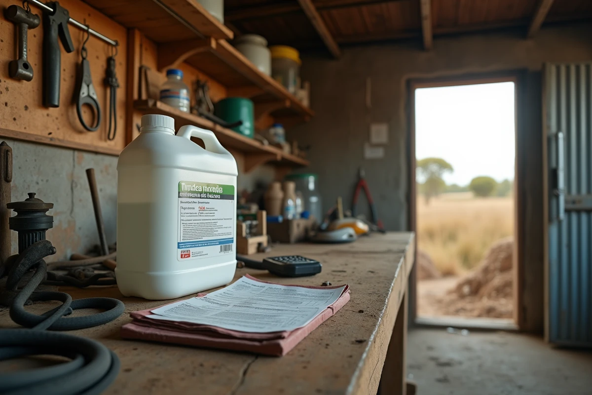 Bidon de glyphosate 5 litres posé sur un établi de ferme espagnole avec facture et pulvérisateur