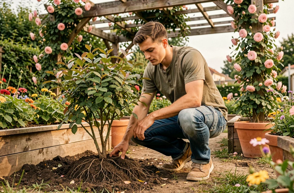 Jardinier de BorisJardin inspectant les racines d'un arbuste nouvellement planté dans un jardin cottage coloré en Seine-Saint-Denis