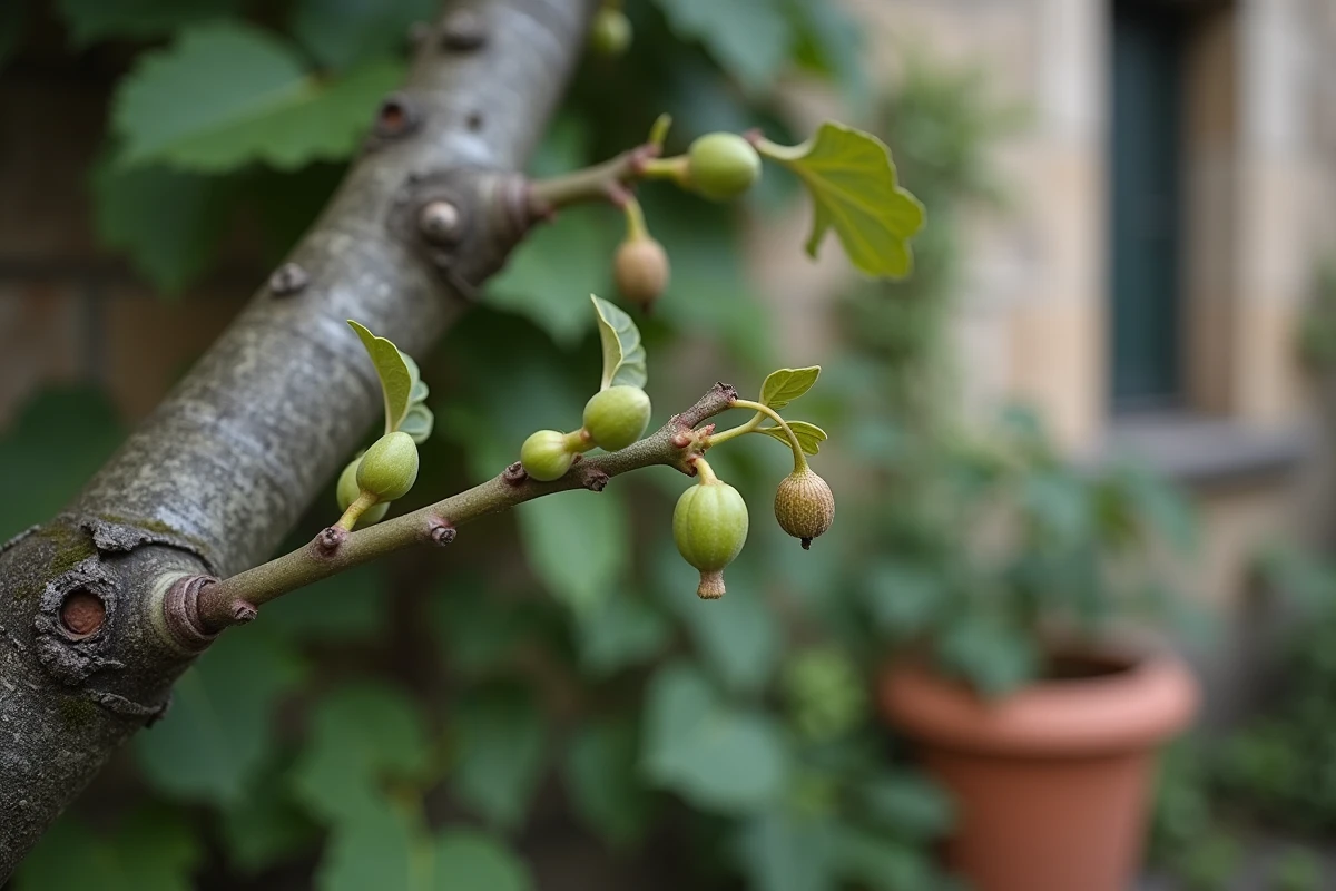 Gros plan sur les bourgeons et les prémices de figues sur une jeune branche de figuier au début du printemps