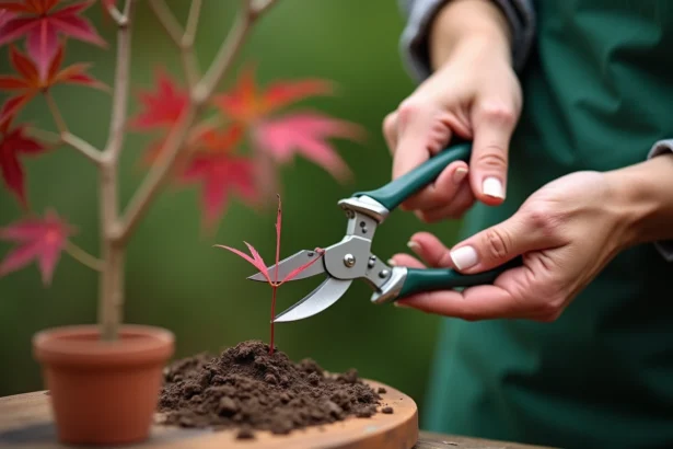 Femme effectuant le bouturage d'un érable du Japon avec un sécateur dans un jardin verdoyant