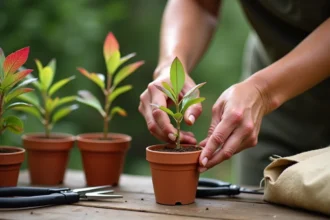 Mains d'une jardinière taillant une bouture de photinia sur un établi en bois entouré de pots en terre cuite et de substrat de bouturage