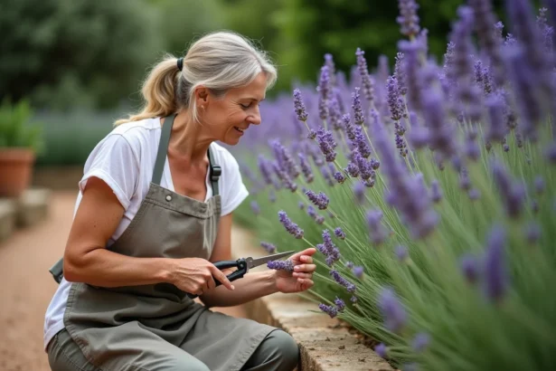 Femme faisant une bouture de lavande dans un jardin rustique avec des ciseaux de jardinage