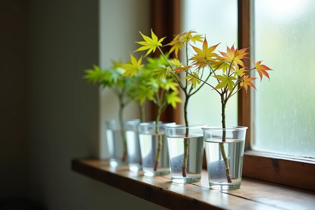 Boutures d'érable du Japon dans des verres d'eau sur un rebord de fenêtre en bois