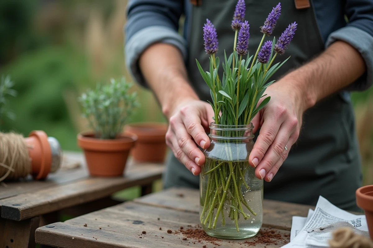 Boutures de lavande placées dans un bocal en verre recyclé sur un établi de jardinage zéro déchet
