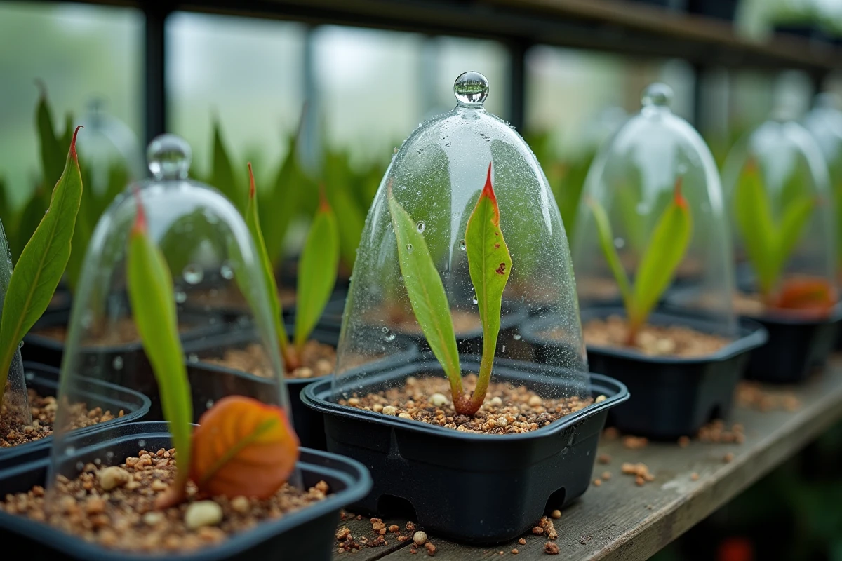 Boutures de photinia en bacs de multiplication sous châssis froid avec dôme humidificateur et contrastes entre boutures réussies et échouées