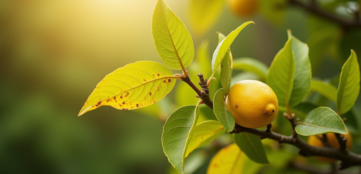 Branche de citronnier avec feuilles jaunes et taches brunes