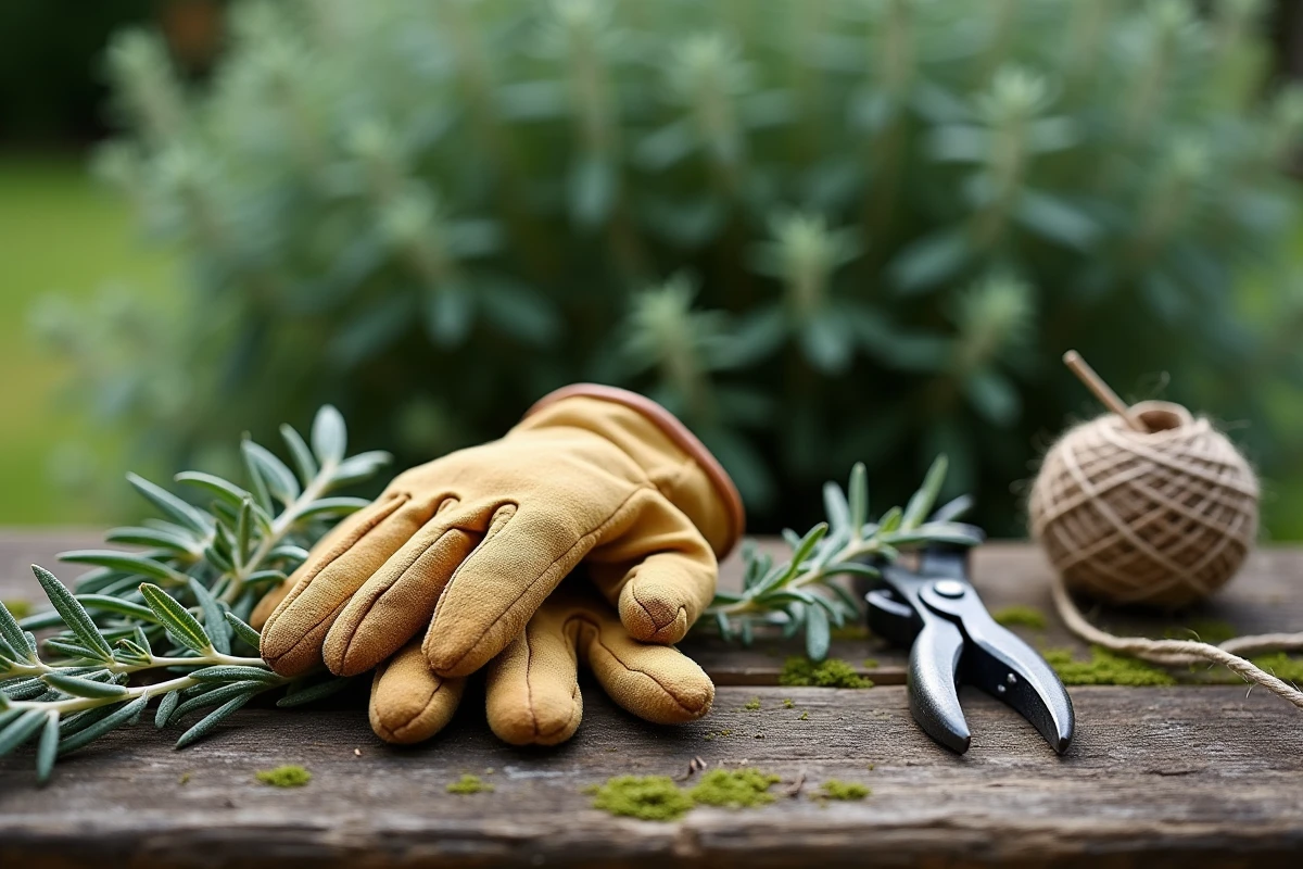 Branches de sauge arbustive taillées posées sur un établi de jardin avec sécateur et gants