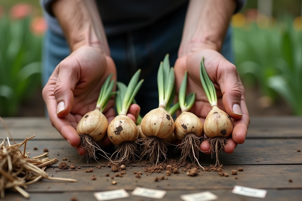 Mains tenant des bulbes de tulipes déterrés avec racines et terre, examen des bulbes après floraison printanière