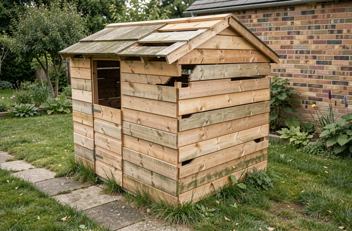 Cabanon de jardin en kit mal assemblé avec panneaux mal alignés et toit de travers illustrant les erreurs courantes