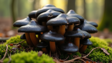 Champignons chanterelles noires en groupe sur sol mousseux forêt