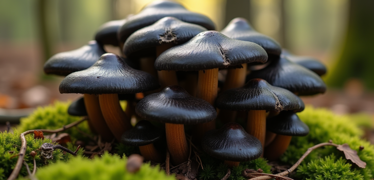 Champignons chanterelles noires en groupe sur sol mousseux forêt