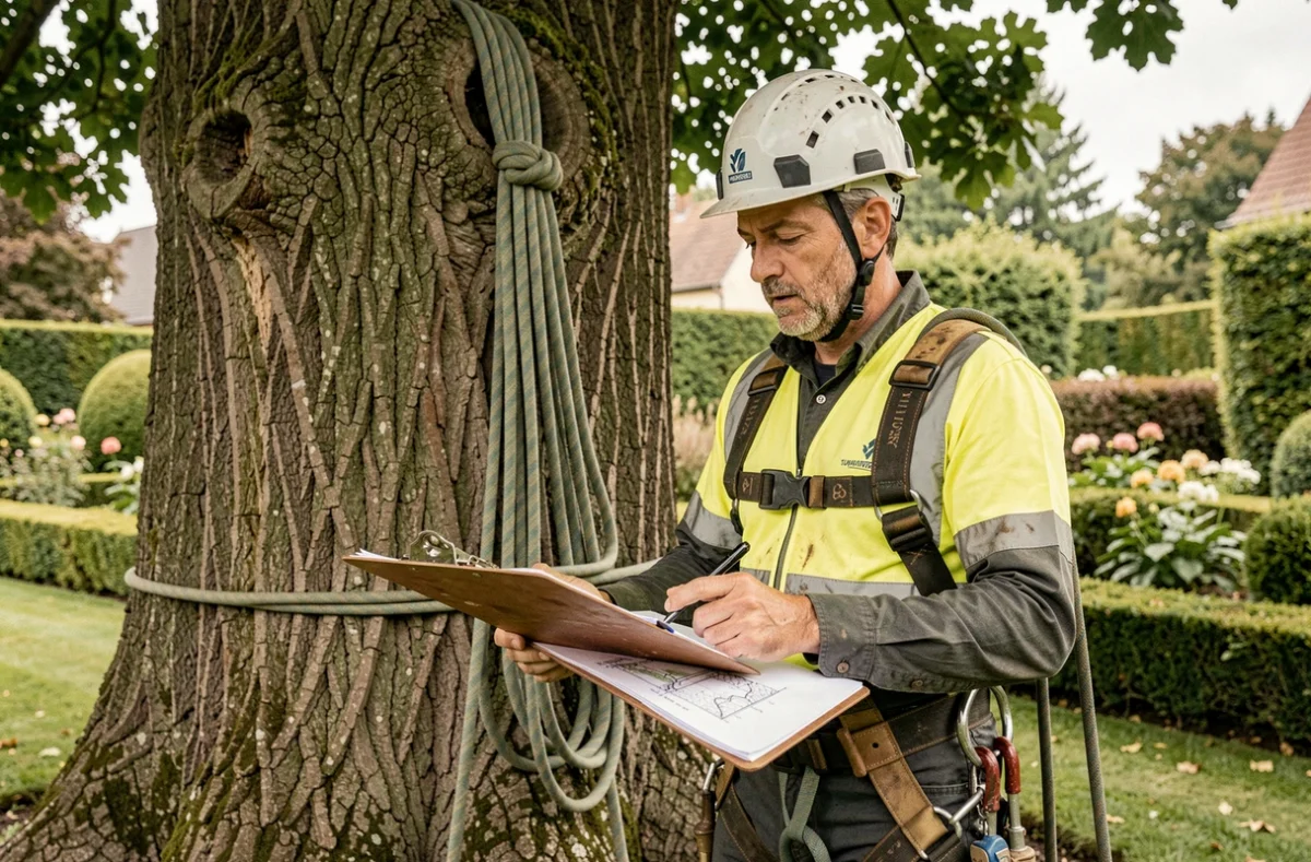 Arboriste en équipement de sécurité consultant un plan paysager au pied d'un grand chêne, représentant les services d'élagage et de conseil végétal de Ciel et Terre dans le Nord